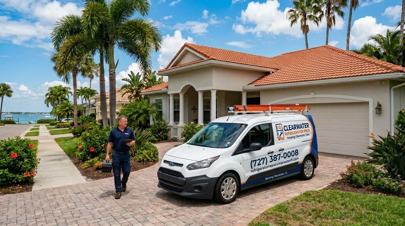 Service technician vehicle arriving at Clearwater coastal home in Pinellas County
