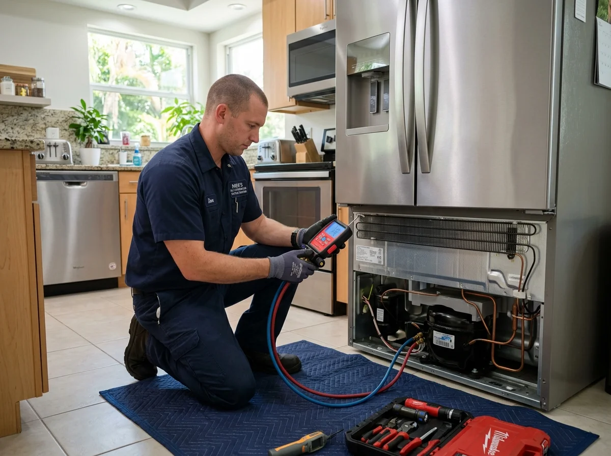 Certified refrigeration technician testing sealed system operating pressures with digital manifold gauges