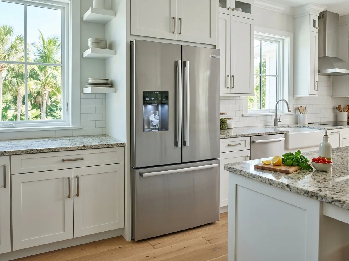 Clean interior of modern French door refrigerator with sanitized glass shelves and airflow vents