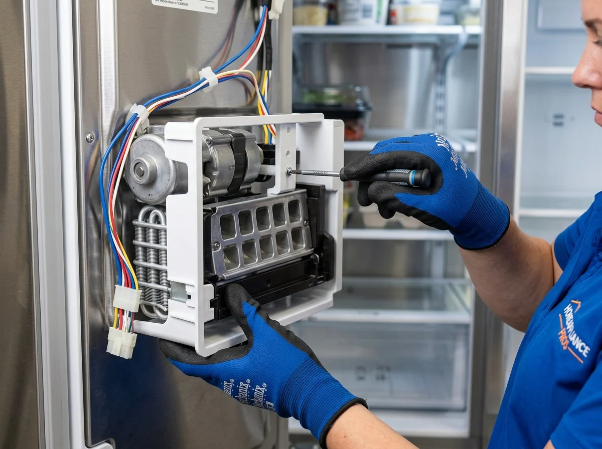 Technician testing Samsung French-door ice room auger motor and water inlet solenoid valve