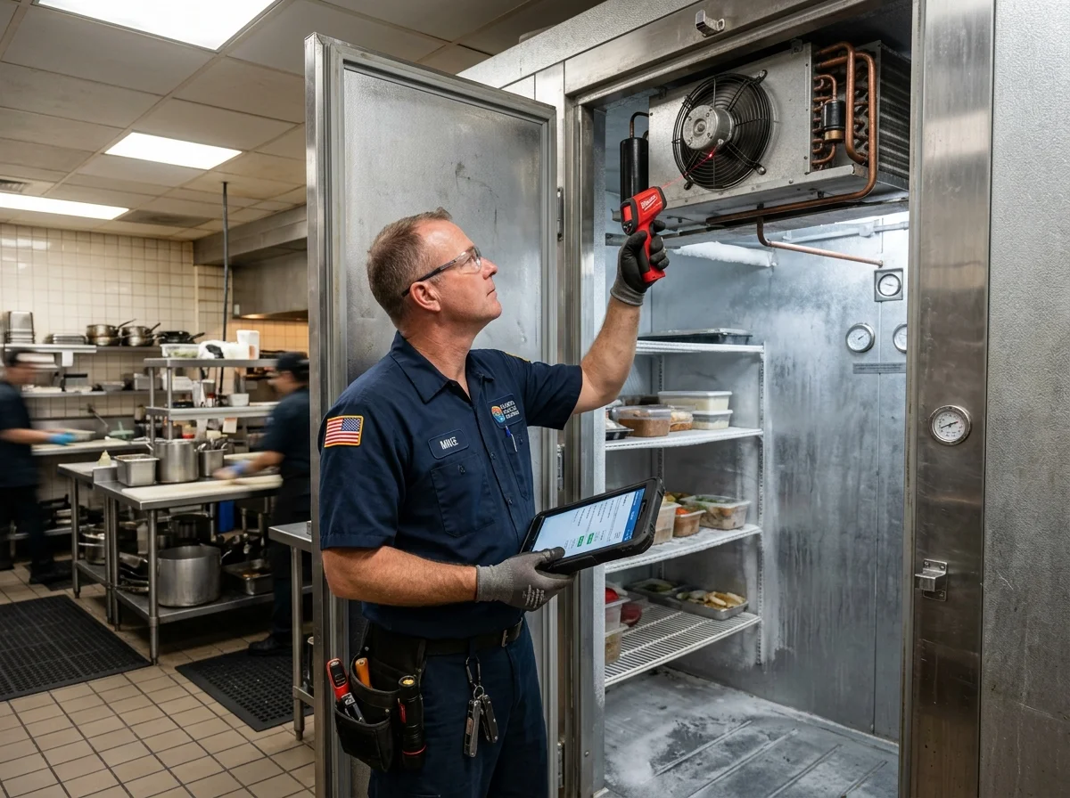 Commercial refrigeration technician inspecting walk-in cooler evaporator fan and thermostat in Clearwater restaurant