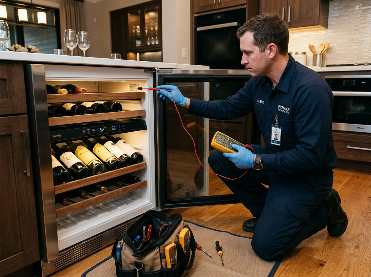 Technician servicing undercounter commercial glass-door beverage cooler